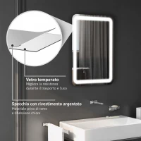 HOMCOM Specchio Bagno con Interruttore Touch, Luce LED a 3 Temperature e Antiappannamento, 70x50cm(m-8)