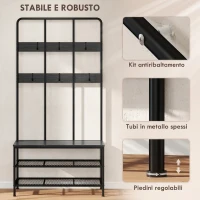 HOMCOM Appendiabiti da Ingresso 3 in 1 con 6 Ganci e Panca con Scarpiera, 91x36x180 cm, Nero(m-8)