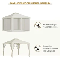 Outsunny tuinpaviljoen gazebo tuintent partytent met 4 x zijwand weerbestendig metaal + polyester crème wit 3 x 3 x 2.6 m(m-4)