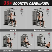 HOMCOM Gym Krachtstation Fitnessstation Multigym Fitnesscentrum Fitnessapparatuur incl. gewichten Latzug Beincurl Metaal PU-kunstleer zwart 150 x 110 x 210 cm(m-4)