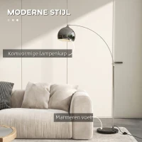 HOMCOM Booglamp, Staande Lamp, Verstelbaar, Voetschakelaar, Voet in Marmerlook, 170-180cm, Zilver/Zwart(m-4)