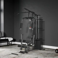 HOMCOM Gym Krachtstation Fitnessstation Multigym Fitnesscentrum Fitnessapparatuur incl. gewichten Latzug Beincurl Metaal PU-kunstleer zwart 150 x 110 x 210 cm(m-9)