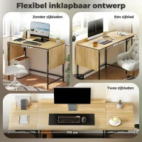 HOMCOM Inklapbare computertafel met 2 uitklapbladen, veel ruimte voor monitoren, metalen poten, stevige constructie, eikenlook + zwart(m-4)