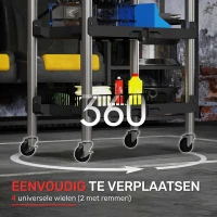 HOMCOM Gereedschapstrolley, Opvouwbare 3-Laagse Gereedschapswagen, Kunststof, Staal, Zwart(m-5)