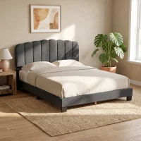 HOMCOM Cama de Casal Estofada 160x200 cm com Cabeceira Ajustável Acolchoada, Ripas de Madeira, Cinzento-Antracite(m-8)