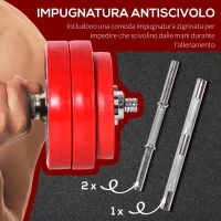 HOMCOM Set di Manubri Pesi 2 in 1 da 30kg, Dischi con Rivestimento in Plastica Antigraffio, Rosso e Nero(m-7)