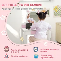 ZONEKIZ Set Toeletta Trucco Bambina con Sgabello, Specchio in Acrilico, 2 Scatole Portaoggetti, Design Unicorno, Rosa(m-4)