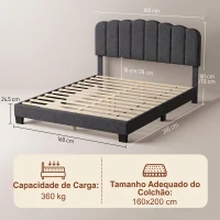 HOMCOM Cama de Casal Estofada 160x200 cm com Cabeceira Ajustável Acolchoada, Ripas de Madeira, Cinzento-Antracite(m-3)