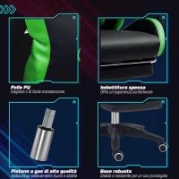 Vinsetto Sedia da Gaming con Altezza Regolabile e Schienale Reclinabile, 65x65x121-129 cm, Nero e Verde(m-7)
