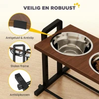 PawHut Verhoogde hondenbak, 4 hoogte-instellingen voerbak met standaard, 2 x 1,2 L roestvrijstalen kommen, 3 verstelbare hoeken, bruin(m-7)