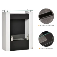 HOMCOM Camino Bioetanolo con Serbatoio da 0.9L e Copertura 20m², Biocamino in Acciaio e Vetro, 60x20x79cm, Bianco e Nero(m-7)