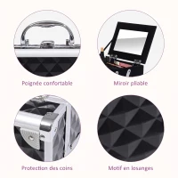 HOMCOM Mallette à maquillage rangement à 3 niveaux avec miroir verrouillage avec 2 clés dim. 20L x 15l x 15H cm noir(m-5)
