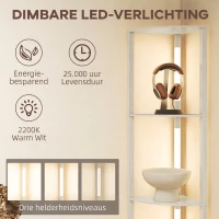 HOMCOM LED Staande Lamp, Hoekplank, Dimbaar, 4 Planken, Warmwit Licht, 41x30x164cm, Eiken(m-5)