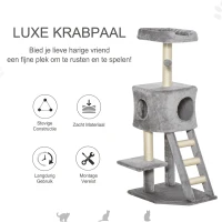 PawHut krabpaal kattenboom met kattengrot trap zacht kussen E1 MDF sisal lichtgrijs(m-4)