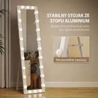 HOMCOM Pełnowymiarowe lustro 150x40 cm LED z 24 żarówkami, 3 kolory światła, stojące lub oparte, białe(m-6)
