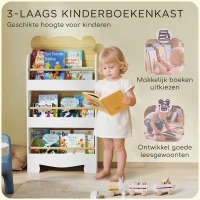 AIYAPLAY Kinderboekenrek in Beer Design met 3 Planken, Houten Opbergrek 55x15x110cm Wit(m-4)