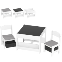 HOMCOM Juego de Mesa con Sillas para Niños 3 en 1 con Pizarra Cajones de Tela y Espacio de Almacenamiento Blanco y Gris