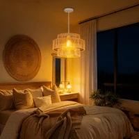 HOMCOM Hanglamp, Drielaags Lampenkap, Metaal, Henneptouw, Lichtbruin(m-7)
