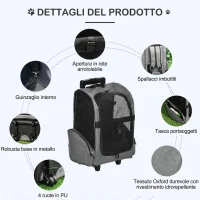 PawHut Trasportino Zaino  2 in 1 per Cani e Gatti con Tasche Laterali, Maniglia Telescopica e Ruote, 42x25x55cm, Grigio(m-6)