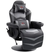 HOMCOM Gamingsessel, Massagefunktion, neigbare Lehne, Fußstütze, bis 120 kg, Stahlrahmen, Kunstleder, Grau(m-1)