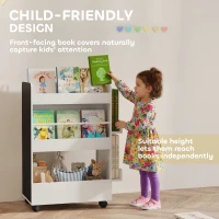 AIYAPLAY Kinderboekenrek met 4 planken, bodemvak, 2 zijvakken, krijtbord, wielen, voor 3–8 jaar, 66,5x32,5x86,5 cm Wit(m-8)