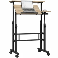 HOMCOM Bureau assis debout bureau réglable en hauteur 70 x 60 cm à roulettes avec plateau inclinable cadre en métal marron(m-19)