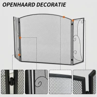 HOMCOM Vuurvonkbescherming voor haarden, 3 panelen, inklapbaar, flexibel, metaal, zwart, 132,5 x 76,5 cm.(m-7)