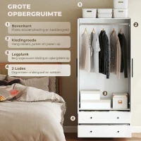 HOMCOM Kledingkast, 2 deuren, hanggedeelte, kledingstang, 2 lades, MDF, wit(m-4)
