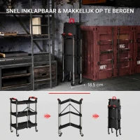 HOMCOM Gereedschapstrolley, Opvouwbare 3-Laagse Gereedschapswagen, Kunststof, Staal, Zwart(m-4)