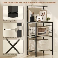 HOMCOM Scaffale Cucina a 4 Livelli con Pannelli a Rete e 8 Ganci Stile Industriale, 60x42x134.5 cm, Rovere(m-6)