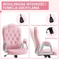 Vinsetto Krzesło biurowe, oparcie z możliwością przechylania, regulowana wysokość, wykończenie aksamitne, do 120 kg, Różowe(m-5)