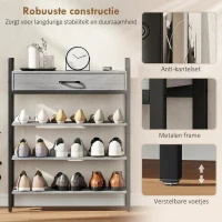 HOMCOM 4-laags schoenenrek, halrek voor maximaal 9 paar schoenen, spaanplaat, metaal, grijs(m-5)