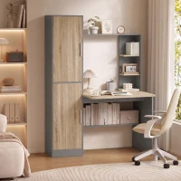HOMCOM Birou pentru calculator cu 2 dulapuri și rafturi deschise, stil nordic, 122 x 52 x 168,4 cm, Gri închis și natural(m-5)