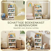 AIYAPLAY Kinderboekenrek in Beer Design met 3 Planken, Houten Opbergrek 55x15x110cm Wit(m-7)
