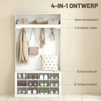 HOMCOM Kapstok met Plank, Bank, Haken, Schoencompartimenten, Spanplaten, MDF, Wit(m-4)