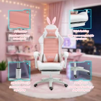 Vinsetto Gamingstoel Ergonomische Gamerstoel met lendensteun, voetsteun, konijnenoren, hoofdkussen Roze(m-8)