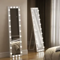 HOMCOM Pełnowymiarowe lustro 150x40 cm LED z 24 żarówkami, 3 kolory światła, stojące lub oparte, białe(m-8)