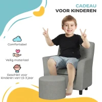 AIYAPLAY Kinderstoel met Poef, Rugleuning in Diamantpatroon, Zachte Zitplaats, Houten Frame, Grijs(m-7)