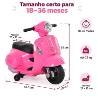 HOMCOM Mota Elétrica Infantil Vespa 6V com Farol, Buzina e Rodas Auxiliares para Crianças de 18-36 Meses Rosa 66,5x38x52 cm(m-3)