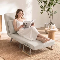HOMCOM Poltrona-Cama em Veludo com Encosto Ajustável, Almofada e Braços em Madeira para Sala ou Quarto, Creme(m-14)