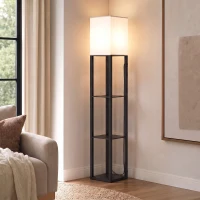HOMCOM Lampă de podea cu rafturi, lampă modernă dimmabilă cu abajur textil, temperatură de culoare reglabilă, negru(m-2)