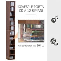 HOMCOM Mobile Porta CD a 12 Ripiani, Scaffale Porta 204 CD Salvaspazio, Mobile Portacd a Colonna, per Soggiorno, Camera da Letto, Ufficio, 21x20x175cm, Marrone(m-4)