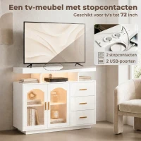 HOMCOM Dressoir met ledverlichting, ingebouwde stopcontacten, 3 lades, planken en 2 acryldeuren, hoogglans wit(m-7)