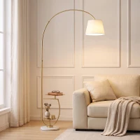 HOMCOM Lampadar de podea modern cu arc pentru living, 2 rafturi, înălțime reglabilă de 148 la 177 cm, auriu și bej(m-6)