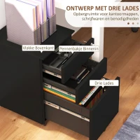 Vinsetto Rolcontainer Dossierkast, 3 Lades, Afsluitbaar, Op Wielen, 37 cm x 43,5 cm x 60 cm, Zwart(m-4)