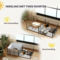 PawHut Werpkist voor puppy's, werpkist/puppyren met 7 panelen, 2 zones, wasbaar werpkussen, 203x102x60cm Zwart(m-6)