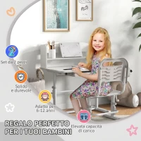 ZONEKIZ Set Scrivania per Bambini con Sedia Regolabile in Altezza e Piano Inclinabile, Età 6-12 Anni, Grigio(m-4)