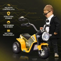 HOMCOM Moto Elettrica per Bambini a 3 Ruote con Luci e Suoni, Batteria Ricaricabile 6V, Velocità 2 km/h, per Bimbi da 18-36 Mesi, 72cmx57cmx56cm Gialla(m-7)