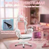 Vinsetto Gamingstoel Ergonomische Gamerstoel met lendensteun, voetsteun, konijnenoren, hoofdkussen Roze(m-5)