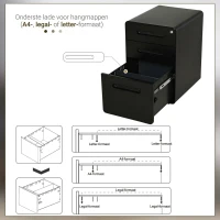 Vinsetto rolcontainer, archiefkast, kantoorcontainer met 3 laden, kantoorkast, opslag, container, staal, zwart, 39 x 48 x 59 cm(m-6)